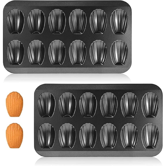 2 Pack Madeleine Pans for Baking, 12 Cavity Heavy Duty Shell Shape Baking Mold Nonstick Cookie Cake Pan for Oven(BLACK)