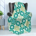 thumbnail image 4 of Moroccan Soft Flannel Fleece Blanket, Colored Tiled Pattern Geometrical Diagonal and Triangle Forms Oldest Craft, Cozy Plush for Indoor and Outdoor Use, 50" x 70", Green Teal White, by Ambesonne, 4 of 5