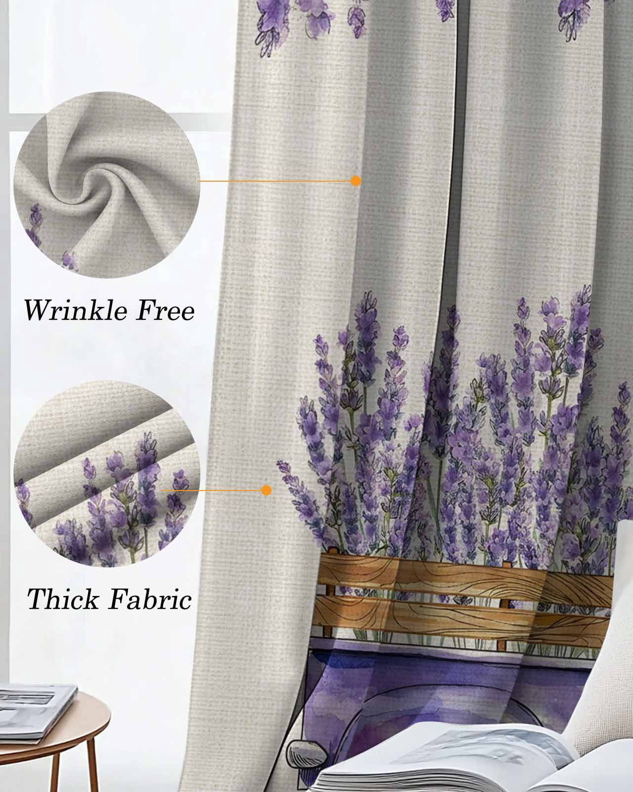 Purple Floral Blackout Curtains 63 Inch Length Farm Sweet Lavender Truck Rustic Linen Texture Thermal Insulated Window Curtain Window Drapes 2 Panels for Bedroom Living Room 52"Wx63"L