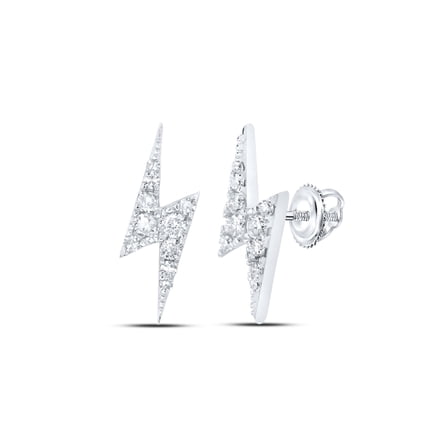 10K White Gold Round Diamond Lightning Bolt Earring 15mm Statement Stud 1/6 CT.