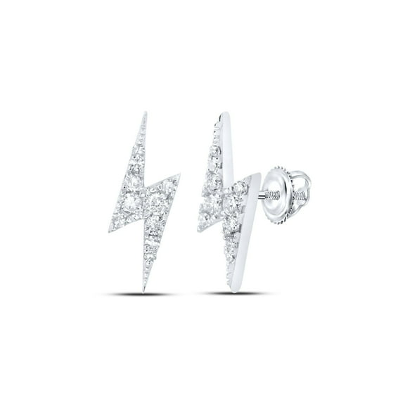 10K White Gold Round Diamond Lightning Bolt Earring 15mm Statement Stud 1/6 CT.
