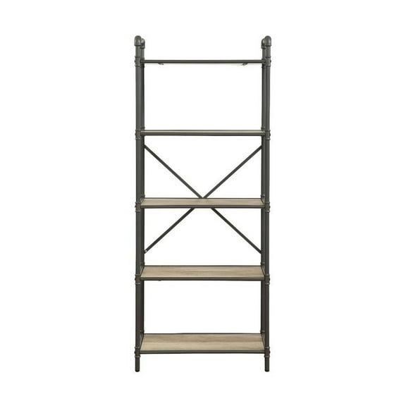 Five Tier Metal Bookshelf With Wooden Shelves, Oak Brown & Gray