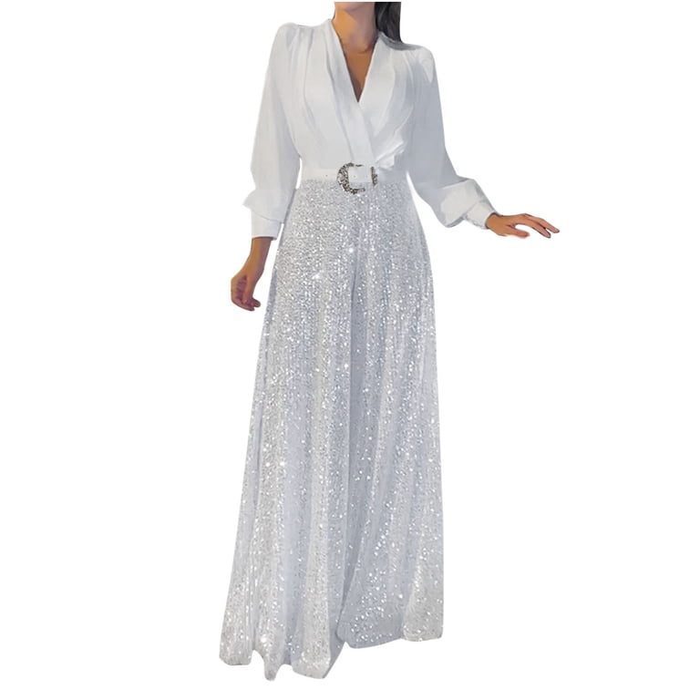 Aloohaidyvio Women's Sexy Jumpsuits Elegant Long Sleeve Straight Long Pants  Clubwear Rompers with Pockets White XL - Walmart.com