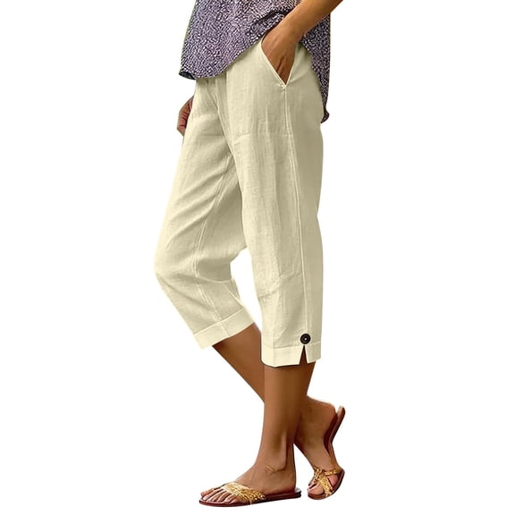 Linen Capris for Women Petite Pull On Straight Leg Cropped Pants Summer Elastic Waist Lightweight Casual Trousers With Pockets Beige XL
