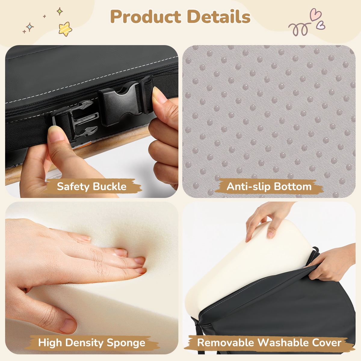 Toddler Booster Seat for Dining Table, Caveen Waterproof Booster Seat for Kitchen Chair, with Adjustable Straps, Portable Increasing Cushion at Home or Going Out, Non-Slip, Black