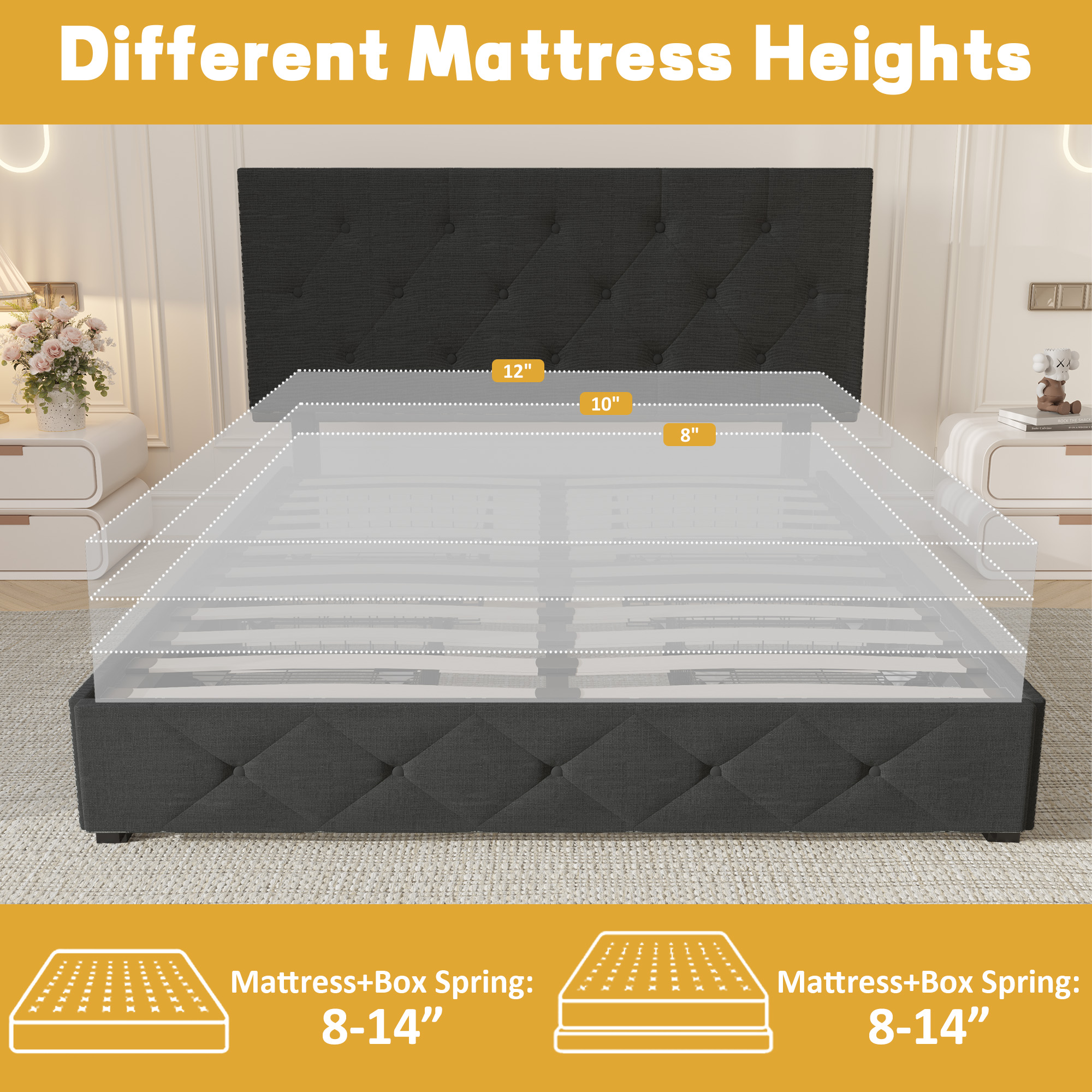 Lifezone Queen Upholstered Bed Frame with 4 Drawers, No Box