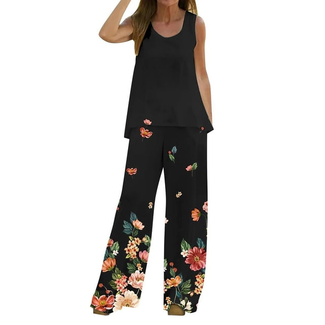 Mikilon Ensemble Stylé pour Femmes 2 Pcs Décontracté Ample Imprimé Gilet Pantalon Long Sans Manches Col Rond Haut/chemise Ensemble Noir-B S