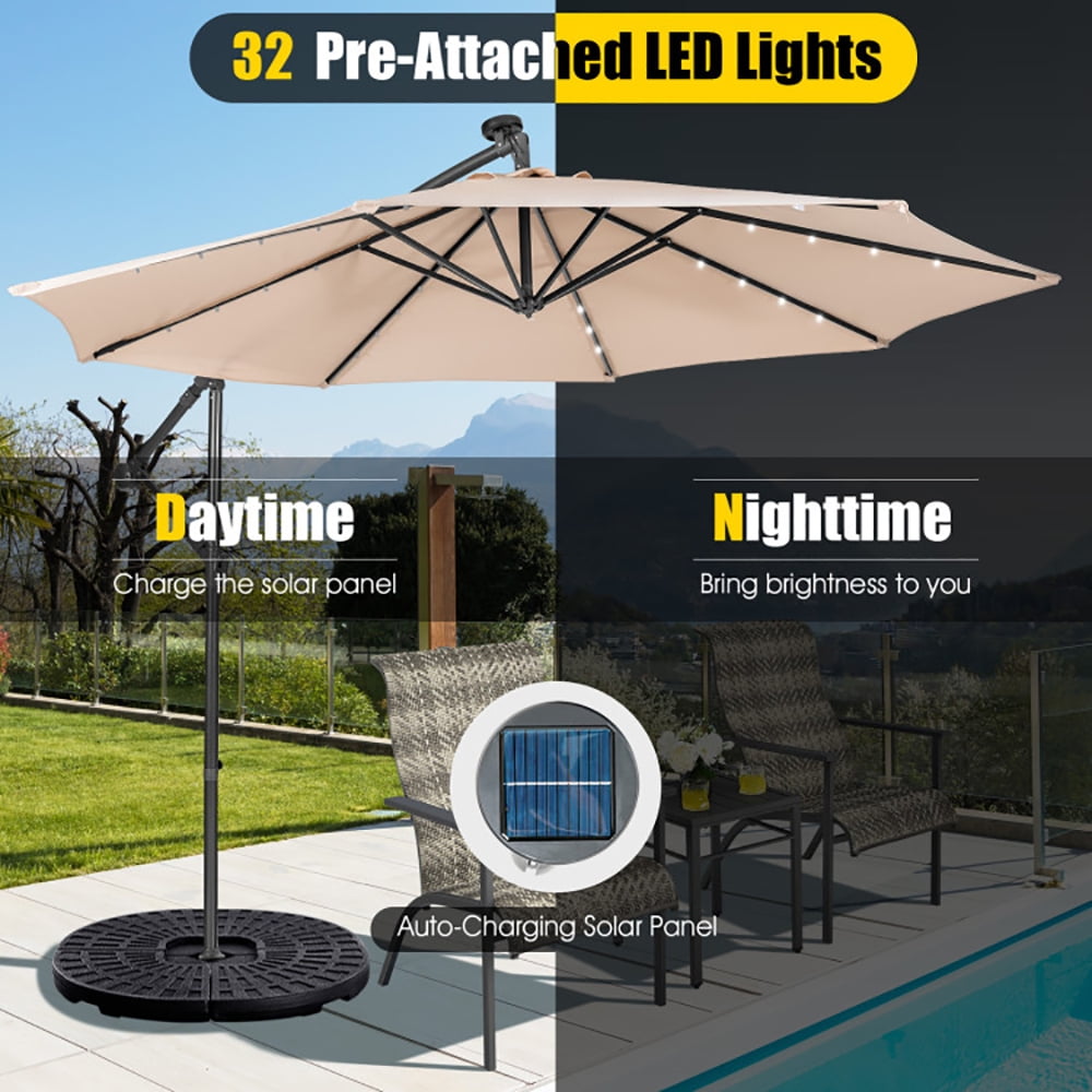 Aimee Lii 10 Feet Patio Solar Powered Cantilever Umbrella with Tilting System, Sunbrella Patio Umbrellas, Beige Aimee Lii 10 Feet Patio Solar Powered Cantilever Umbrella with Tilting System, Sunbrella Patio Umbrellas, Beige
