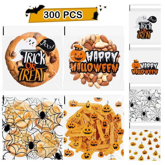 YOLETO 300 Pcs Halloween Treat Bags, Self-Adhesive Cellophane Candy Bag & DIY Cookie Packing Bags for Halloween Party Gift Supplies