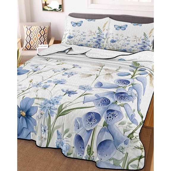 Blue Spring Floral King Size Down Alternative Comforter, Lightweight Comforter Quilt Bedding Set with Pillow Shams Butterfly Summer Botanical Elegant All Seasons Bed Comforter Duvet Insert 96"x106"