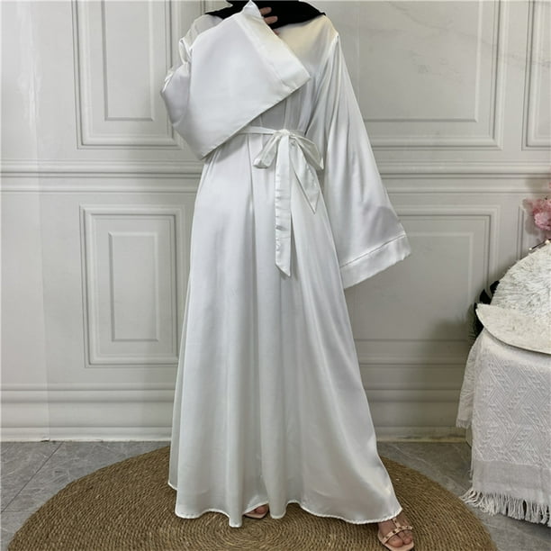 Maxi Vestido De Mujer Musulmana Maxi vestido de mujer árabe Dubai Turquía Musulmane Satén Hijab Vestido Bata (Blanco S) Cgtredaw Para estrenar