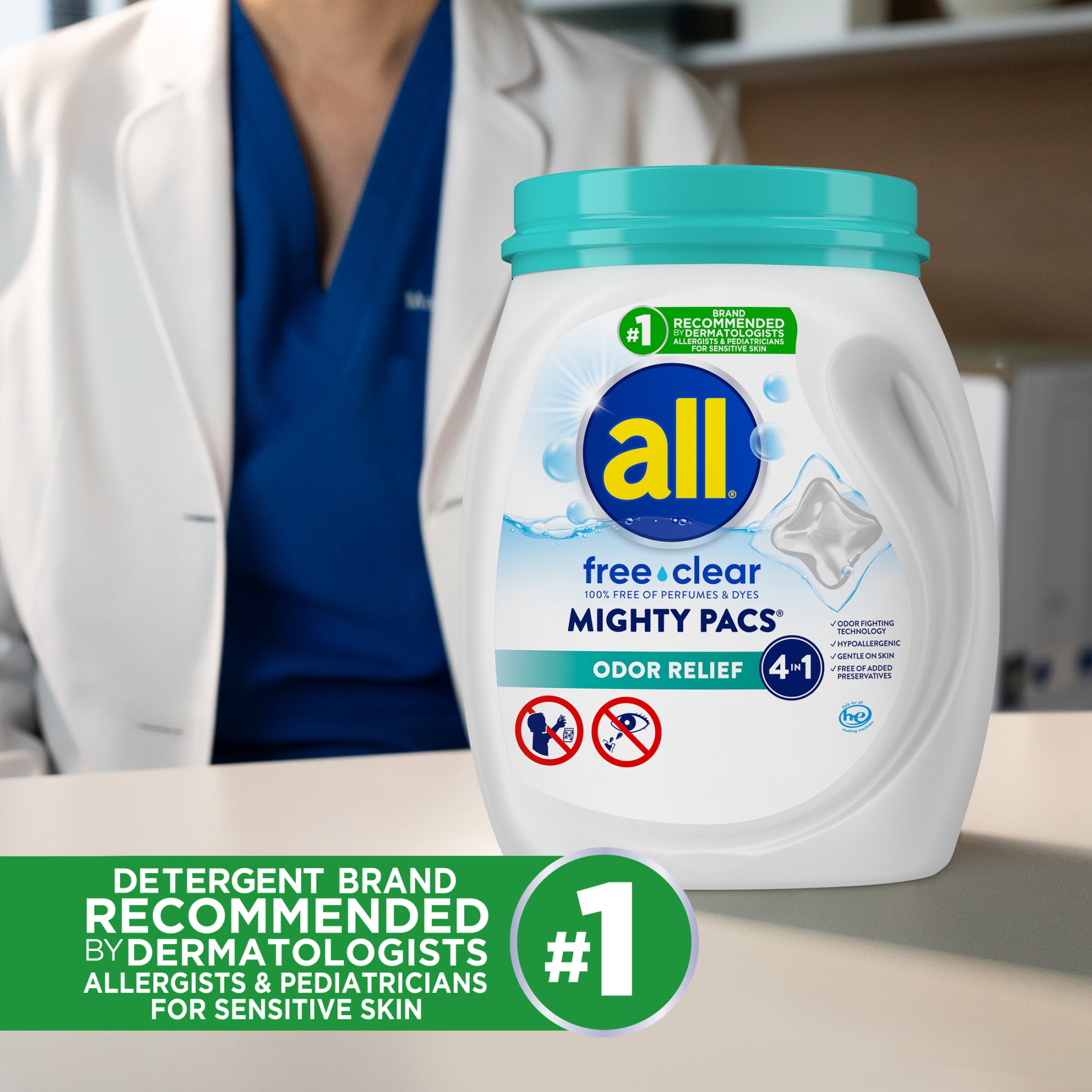 all Mighty Pacs Laundry Detergent, Free Clear Odor Relief, Pouch, 16 Count