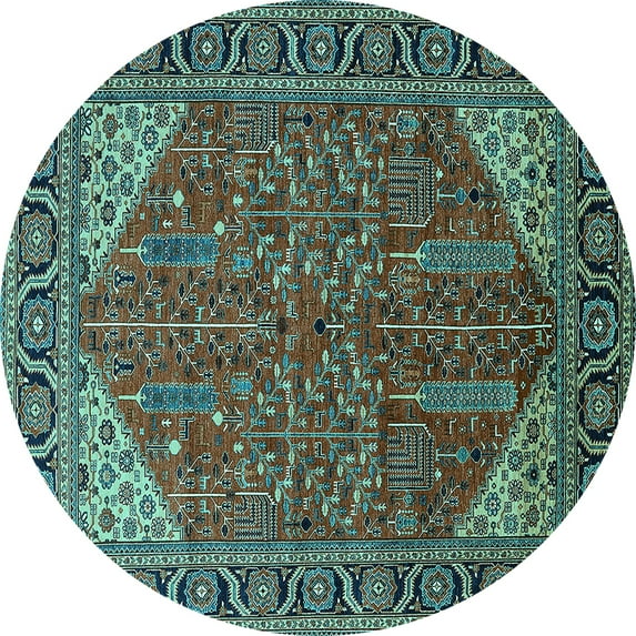 Ahgly Company Machine Washable Indoor Round Oriental Turquoise Blue Industrial Area Rugs, 4' Round