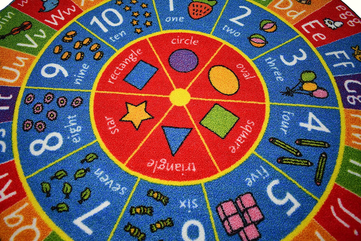 KC Cubs Playtime Collection ABC Alphabet, Numbers and Shapes Educational Learning & Game Area Round Circle Rug Carpet for Kids and Children Bedrooms and Playroom