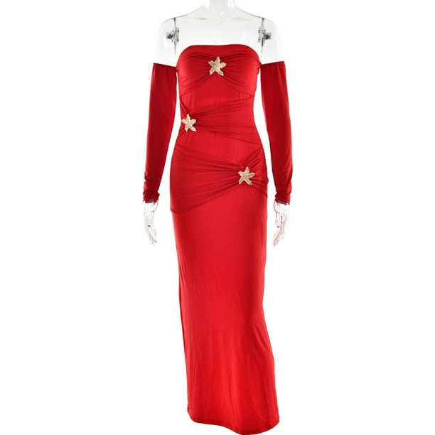 Gathered Long Sleeve One Shoulder Dress High Waist Pleated Bodycon Long Skirt Sexy Solid Color Milk Silk