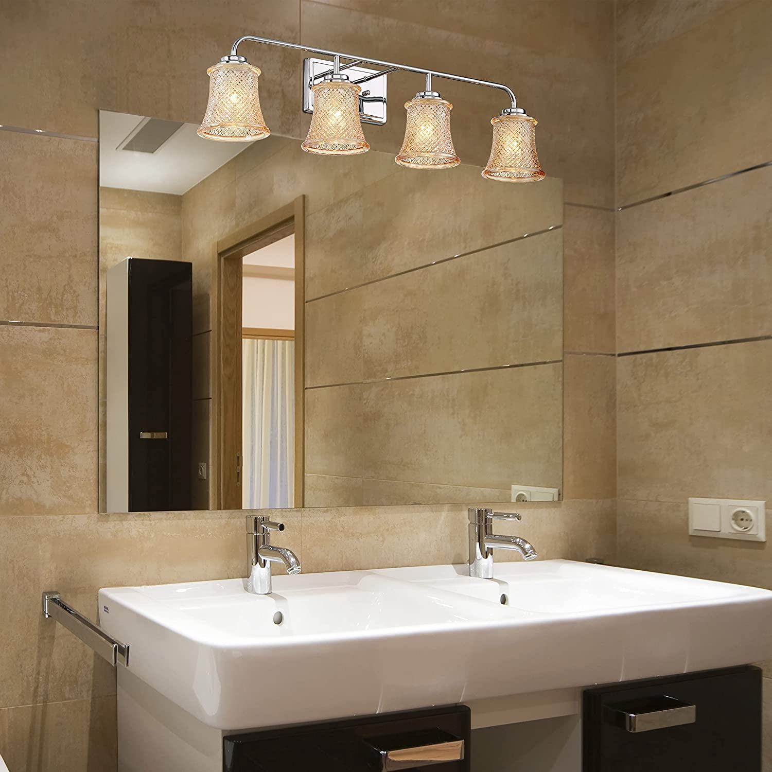 Vanity Art Elegant Cut Crystal Glass 4 Lights Bath Vanity Light for Over Mirror Hallway Living Room | Modern Wall Lighting with Clear Glass Shade Bathroom Light Fixtures W5004CH-B02