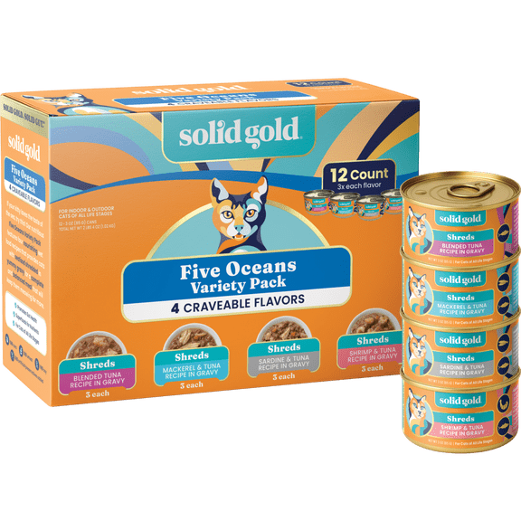 Solid Gold Five Oceans Variety Pack Grain-Free Shreds in Gravy, Wet Cat Food, Case of 12 - 3oz cans