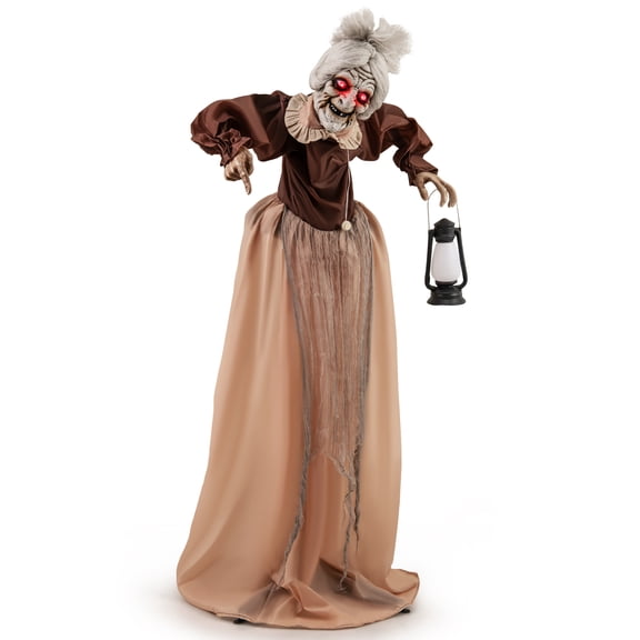 Costway Life-Size Halloween Animatronic Prop, Moving & Talking Old Witch with Glowing LED Eyes
