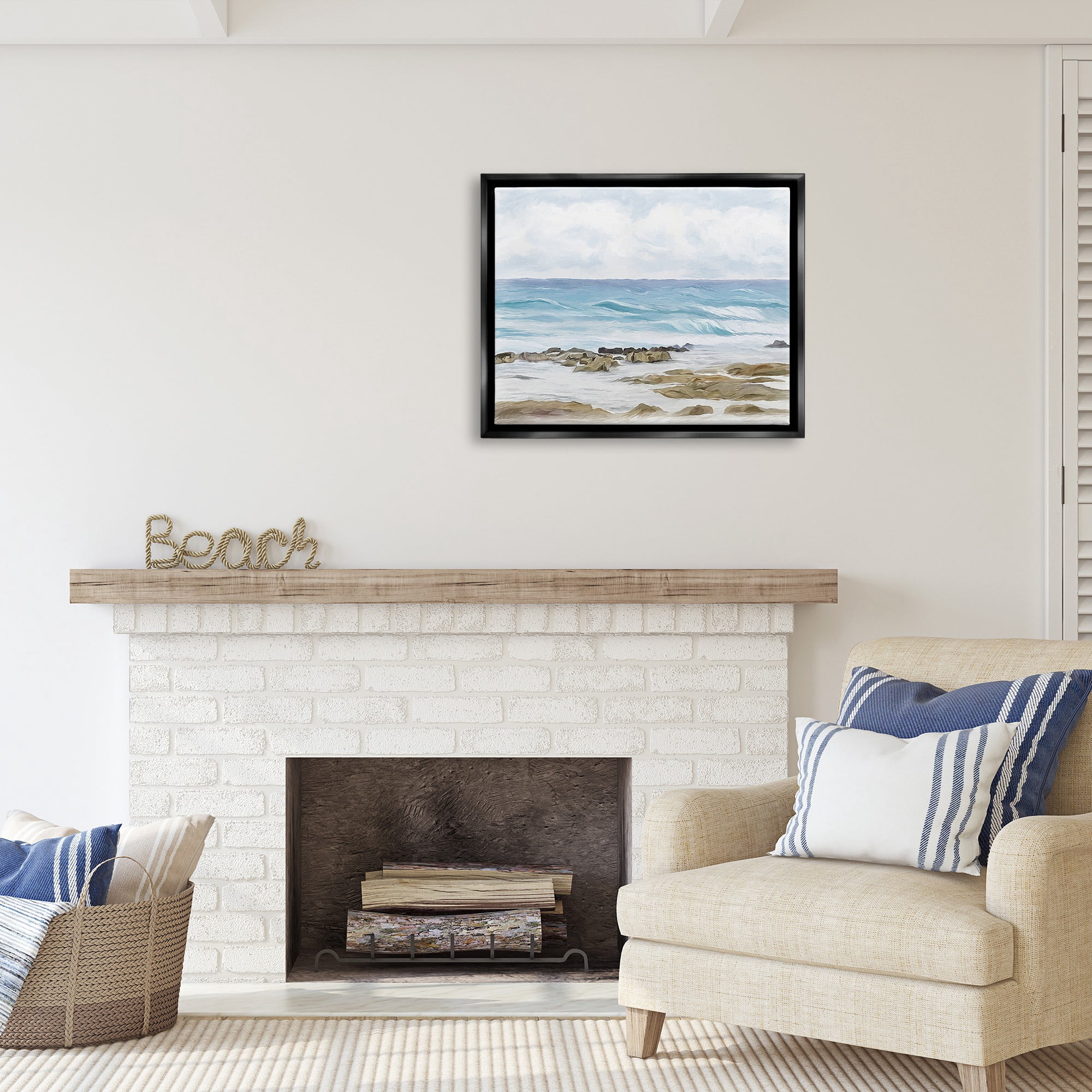 Stupell Industries Rocky Shore Beach Waves Landscape Painting Black Floater Framed Canvas Art Print Wall Art, 31 x 25