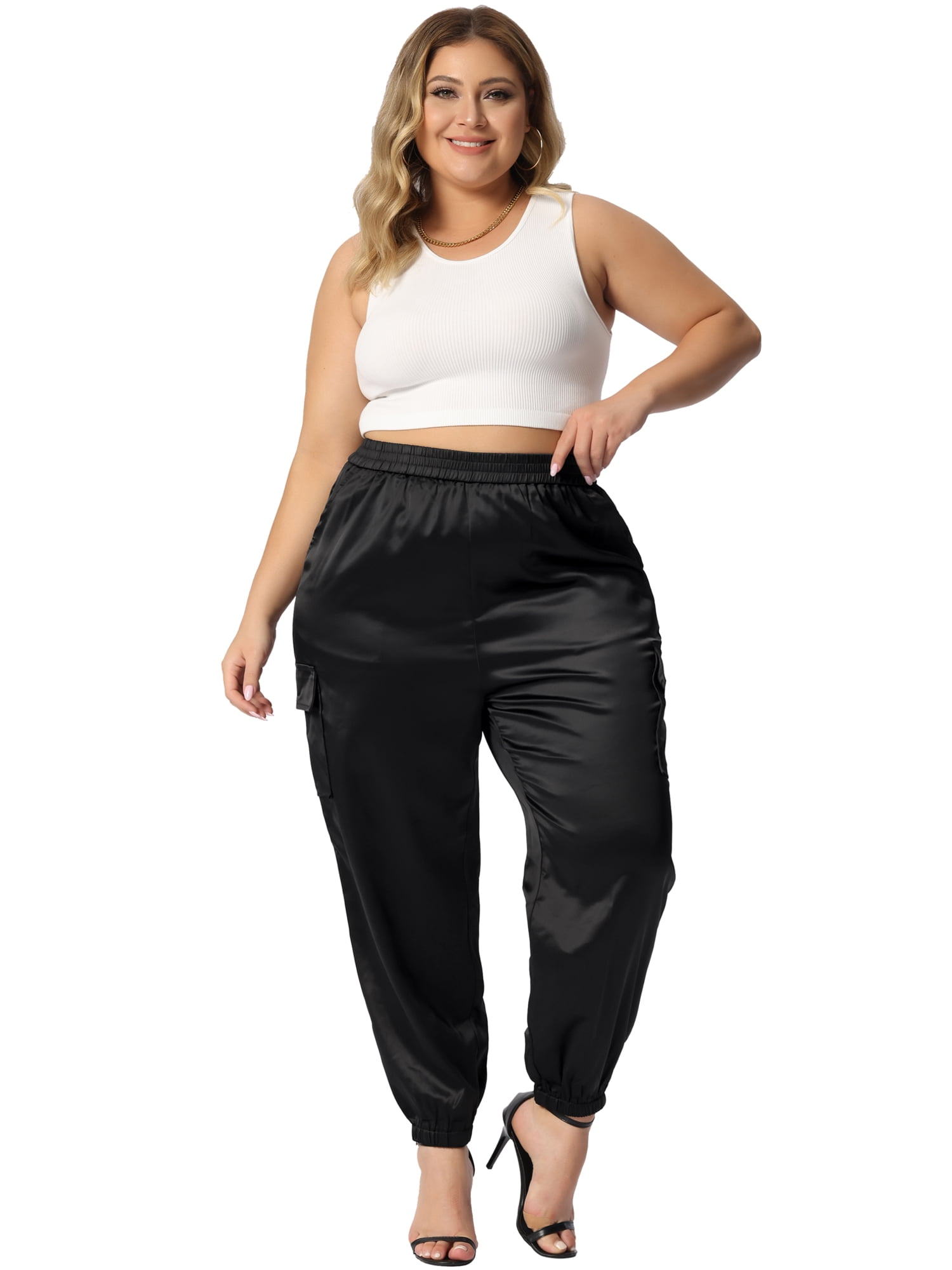 DARING DIVA Women's Plus Size Elastic Waist Ankle Length Cargo Pant 5X Black