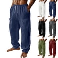thumbnail image 1 of QIUOMBBP Linen Cargo Pants for Men Drawstring Elastic Waist Lightweight Trousers with Multi Pockets Summer Loose Breathable Outdoor Walking Pant Navy L, 1 of 10