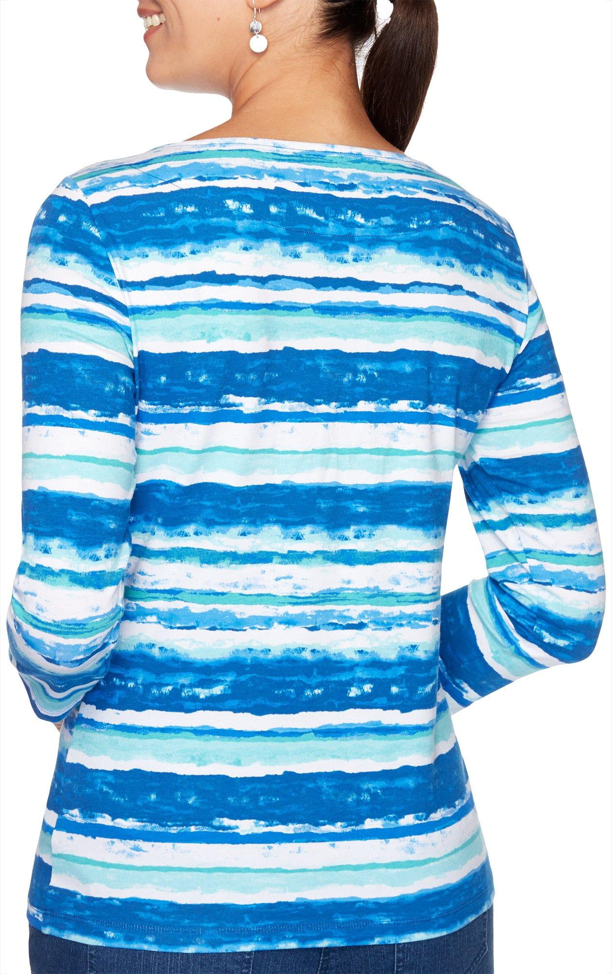 Ruby Road Favorites Petite Striped Jeweled Neck Top X-Large Petite Blue Multi
