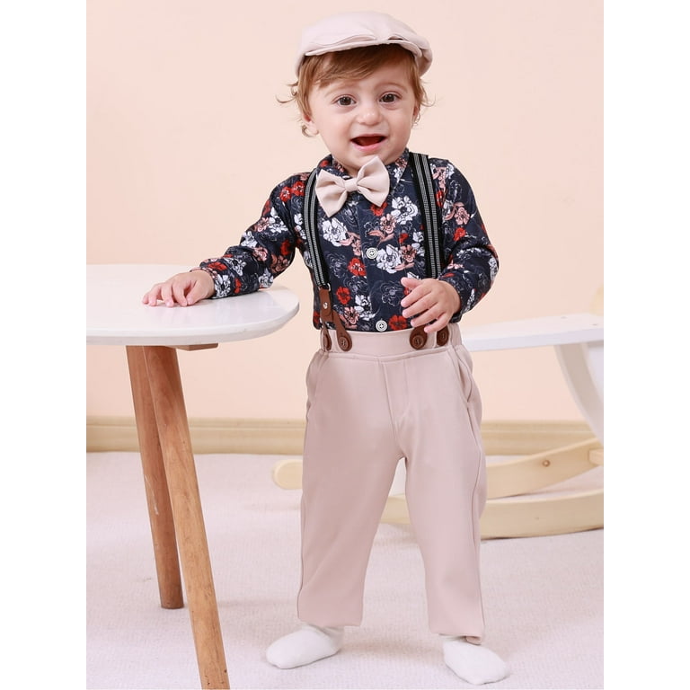 CARETOO Newborn Baby Boy Clothes Formal Long Sleeve Floral Dress Shirt Suspender Pants Tie Outfit Walmart