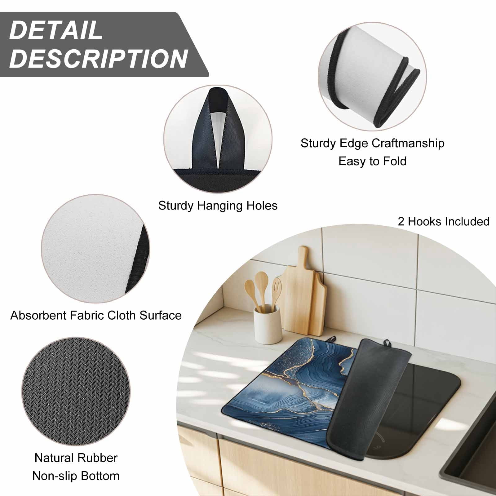 Navy Blue Marble Stove Top Cover for Electric Stove, Heat-proof & Non Slip Glass Top Stove Cover Protector, Modern Ink Painted Artwork Kitchen Flat Cooktop Rubber Mat 24x21 Inches