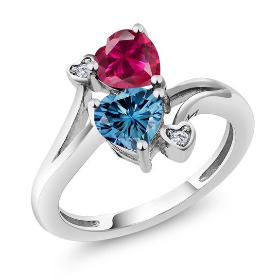 Gem Stone King 10K White Gold Diamond Accent Ring Created Ruby Persian Blue Moissanite (1.80 Cttw)
