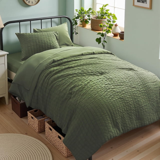 Juego de edredón Zlpp Seersucker Twin, 5 piezas, verde oliva