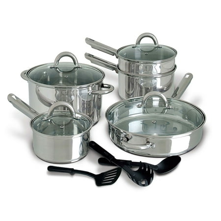 Gibson Home Abruzzo 12 Piece Stainless Steel Kitchen Pots Pans Cookware Set with Lids and 3 Serving Utensils, Mirrored Silver Finish