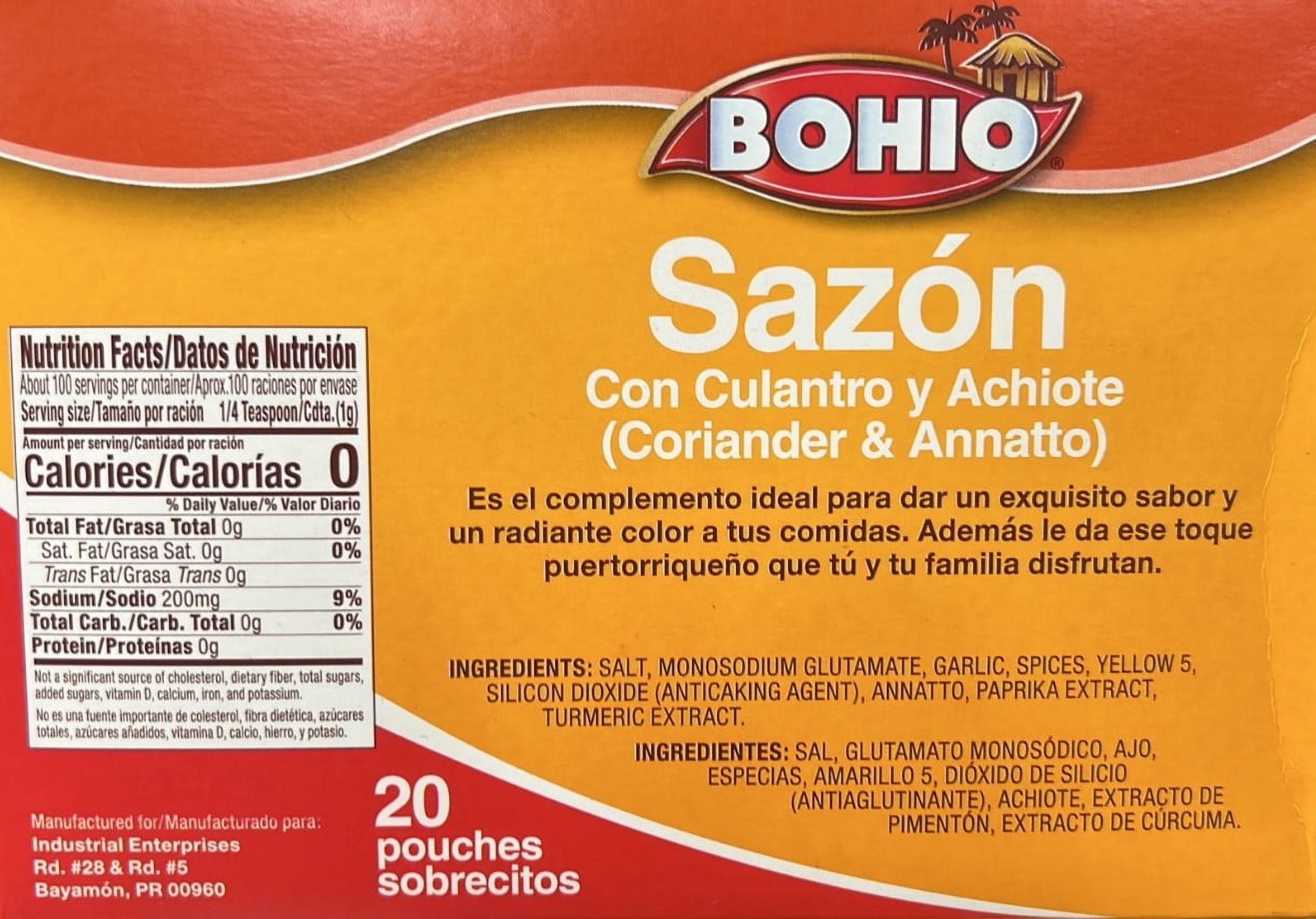 Bohio Sazon Con Culantro Y Achiote, Calorie Free Fat Free Carb Free, 20 Pouches 3.53oz Box