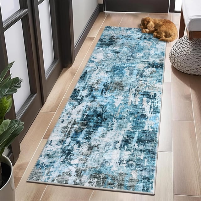 Twister.CK Washable Abstract Runner Rug, 2' x 6' Boho Living Room Bedroom Rug Modern Non-Slip Non-Shedding Low Pile Throw Rug for Dining Room Home, Blue