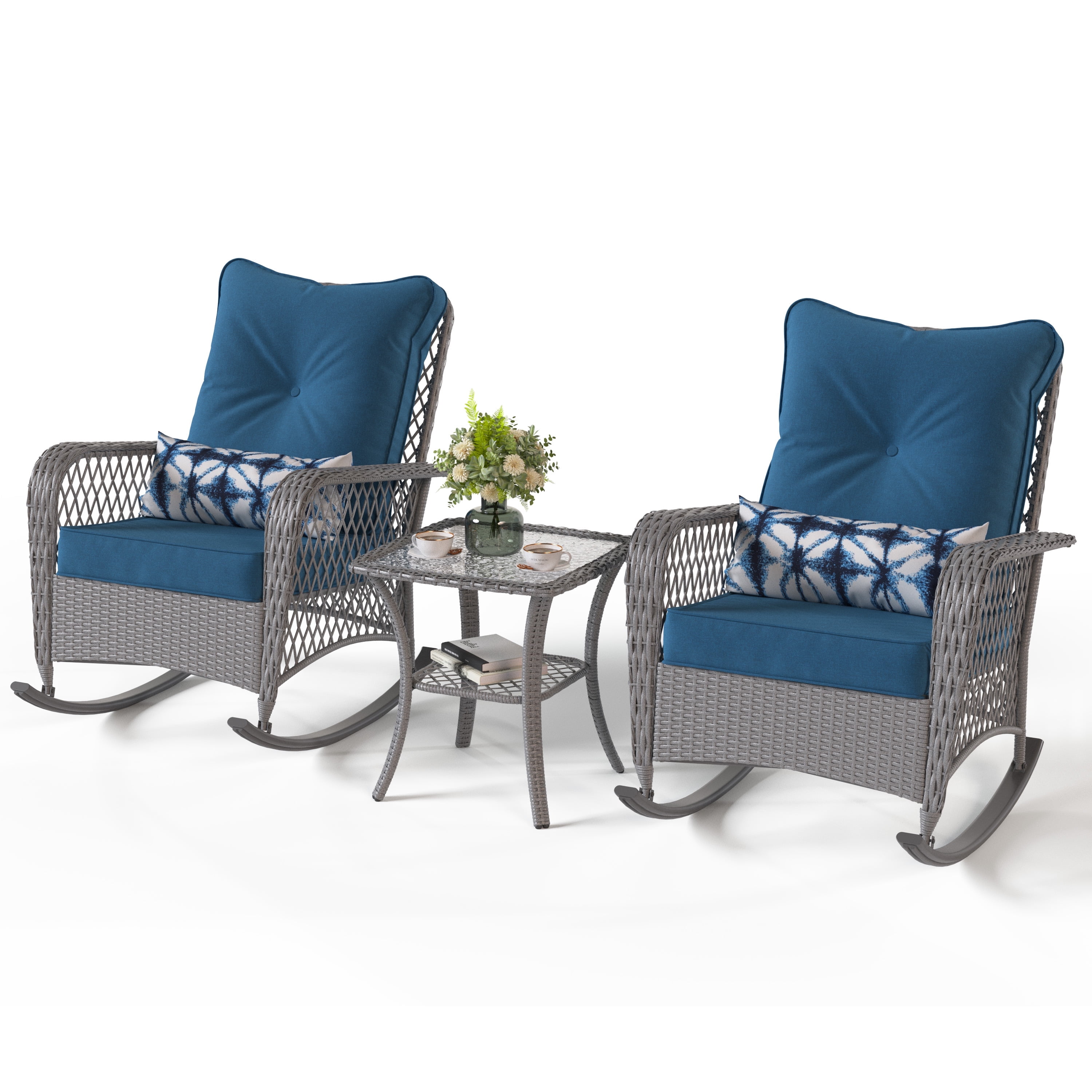 POTEBAN 3-Piece Outdoor Rocking Chairs, Wicker Patio Furniture with Thickened Cushions and Table for Porch (Blue)