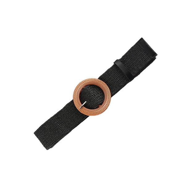 Cinturón tejido de paja, cinturón elástico para la cintura, cinturón decorativo, cinturón de vestir, hebilla redonda de madera para fiesta de Cosplay Negro Yinane Cinturón trenzado