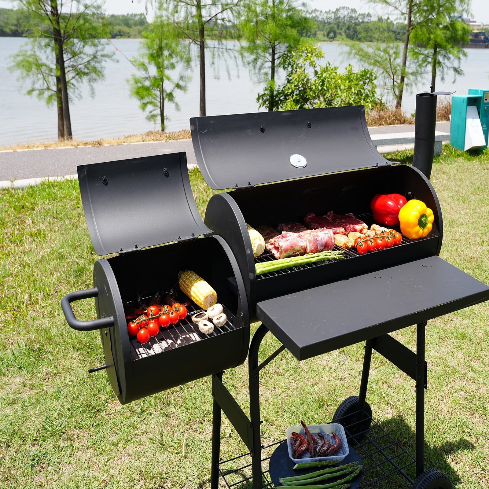 Charcoal Smoker Grills, KingChii Offset Smoker Family-Size 4-6  with Temperature Control Person BBQ for Outdoor, Garden, Patio and Backyard