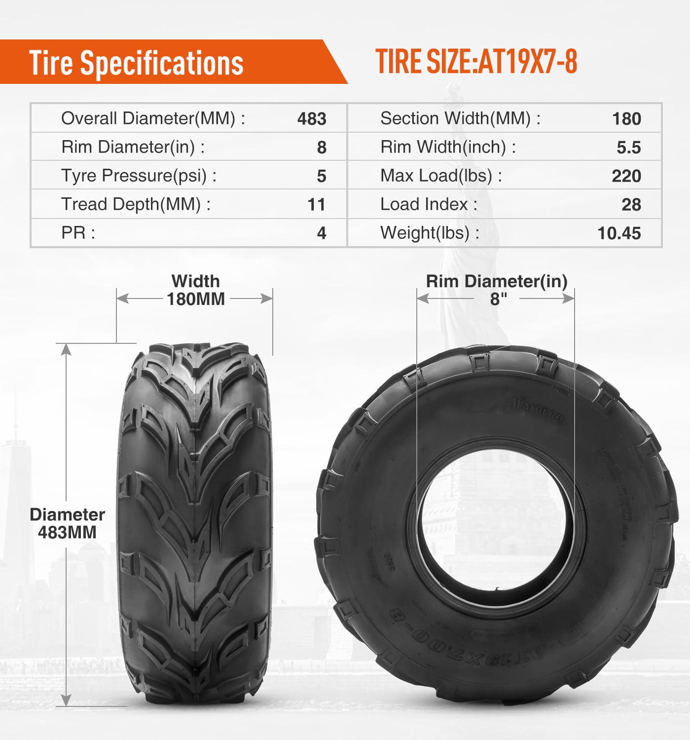 HALBERD 19x7-8 19x7x8 Sport ATV Tires  4PR Mini Bike UTV Off-Road Tire Tubeless All-Terrain Mud Sand Trial Tire