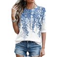 thumbnail image 4 of Domzest Half Sleeve Tops for Women Boho Floral Print Loose Fit Shirt Lightweight Crew Neck Dressy Casual Tunic Tops Blue L, 4 of 6