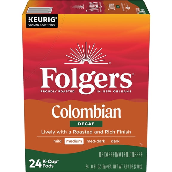 Folgers Colombian Decaffeinated Coffee, Medium Roast, Keurig K Cup Brewers, 24 Count Box