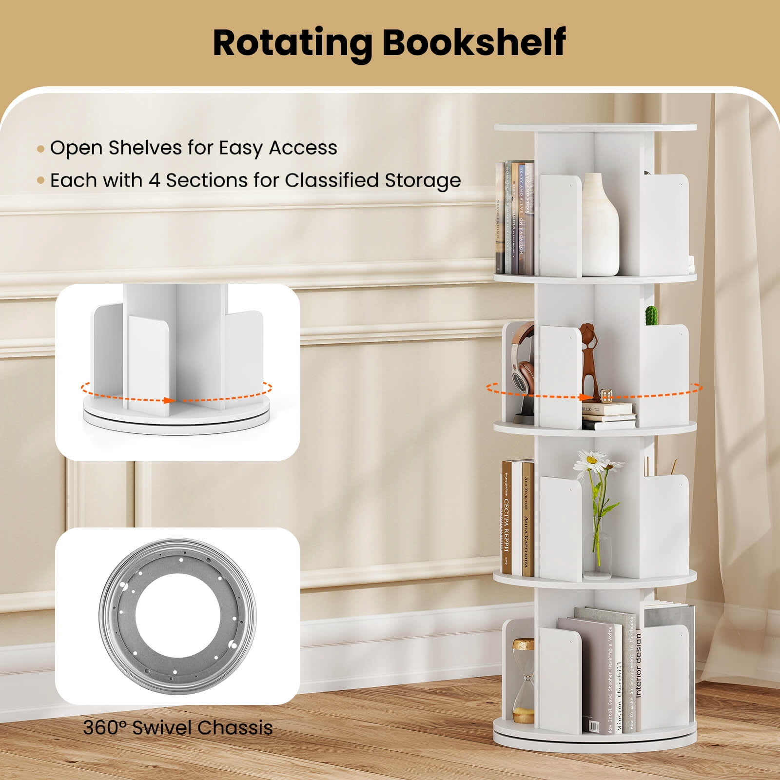 Costway 1 PCS 4-Tier Rotating Bookshelf 360° Display Rack with Dividers & Anti-falling Baffles White