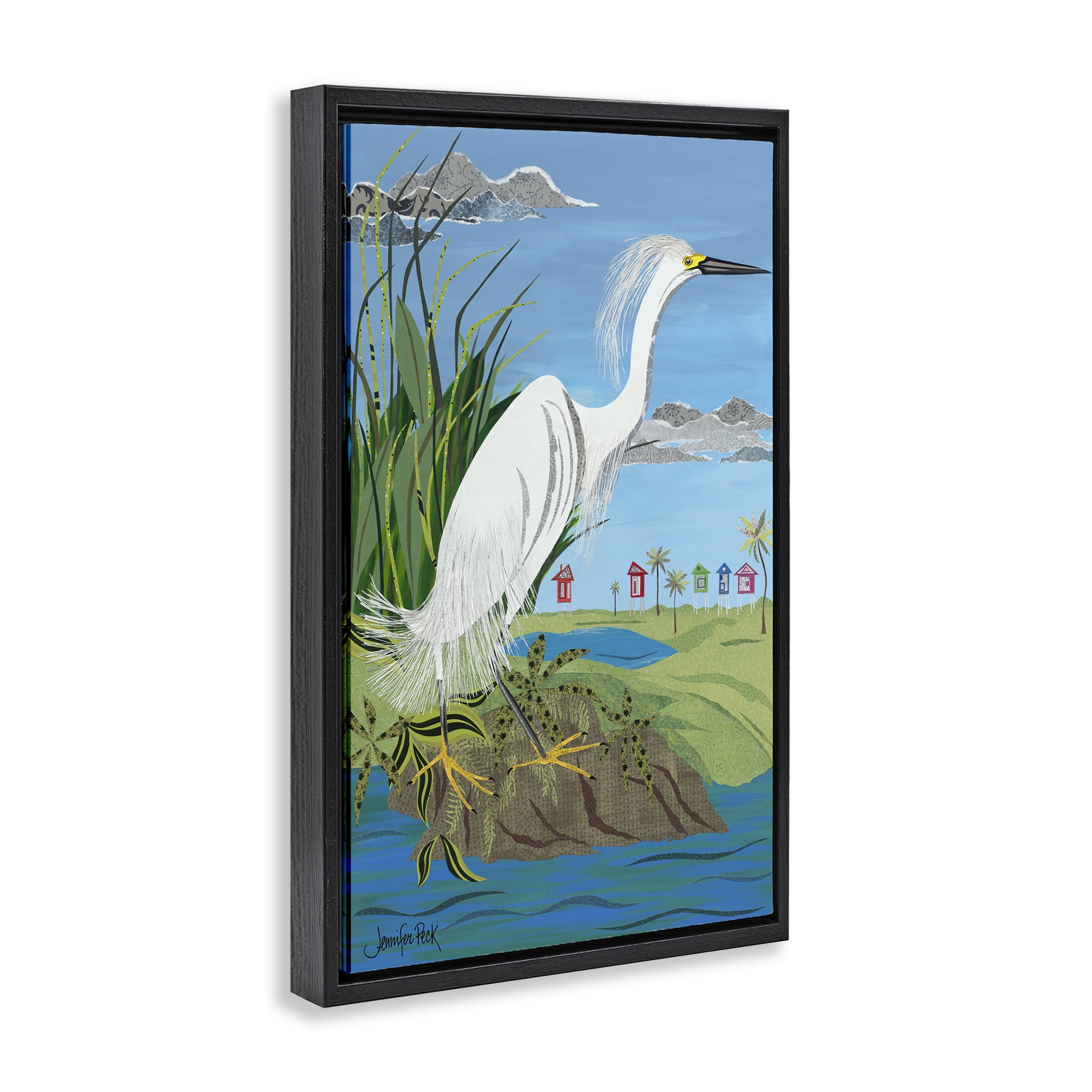 Stupell Industries Egret Perched on Shore Animals & Insects Painting Black Floater Framed Canvas Art Print Wall Art, 21 x 31