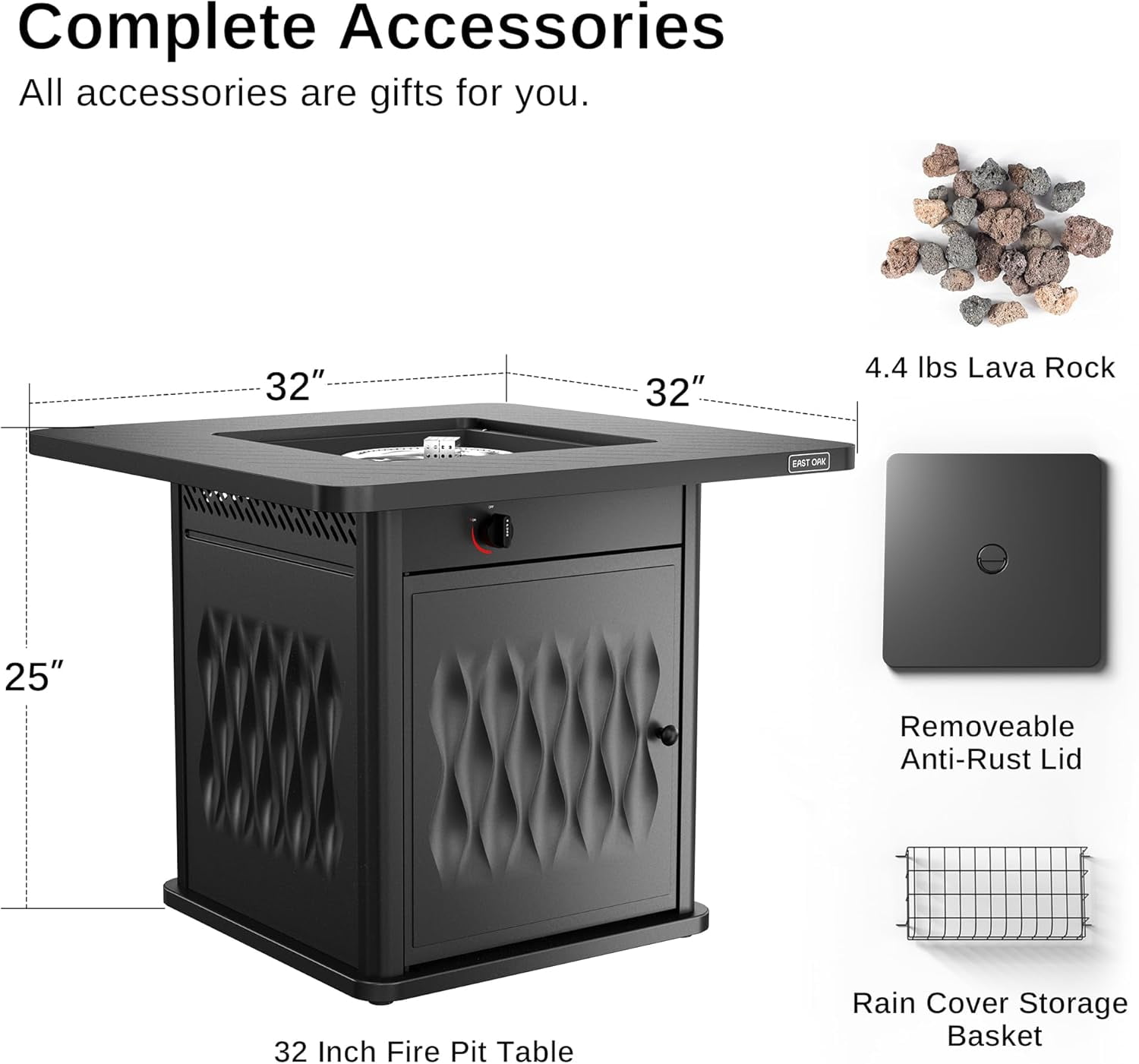 EAST OAK Gas Fire Table 32" 50000 BTU Black