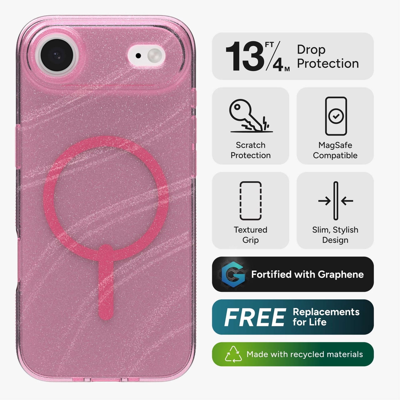 ZAGG Milan Snap Case For iPhone Air - Pink Glimmering Wave Graphene Strengthened Phone Case with Drop Protection (13ft/4m) Textured Edges & Sparkle Design MagSafe Charging Compatible