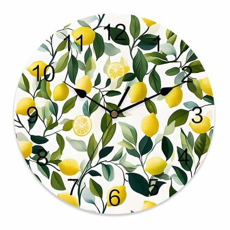 Silent Wall Clocks Battery Operated, Summer Yellow Lemons Round Decorative Wall Clock for Living Room Bedroom Kitchen Bathroom Classroom Decor, 12 Inch Green Leaves Tropical Print