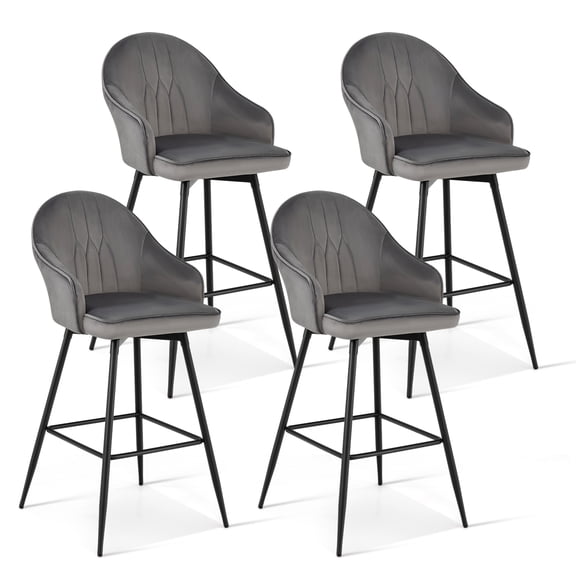 Gymax Set of 4 Velvet Bar Stools Swivel Pub Height Dining Chairs w/ Metal Legs Gray