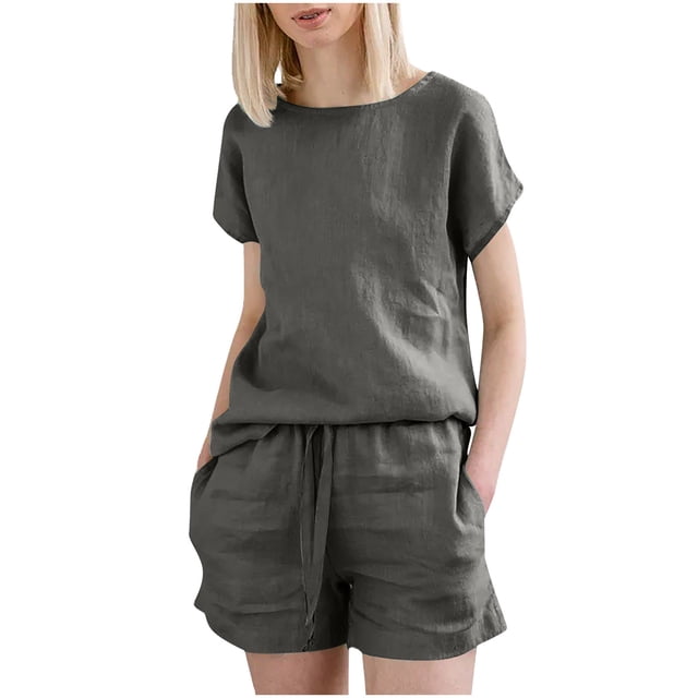 Conjunto de pantalones cortos de manga corta Sloid con cuello redondo para mujer, traje deportivo informal de verano, 2 piezas Wmkox8yi bvn1384
