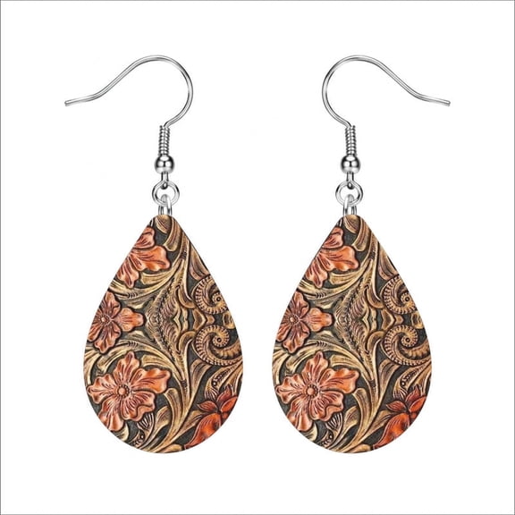 Vintage Floral Tooled Leather Teardrop Dangle Earrings for Women Western Boho Lightweight Drop Earrings Rustic Embossed Flower Jewelry