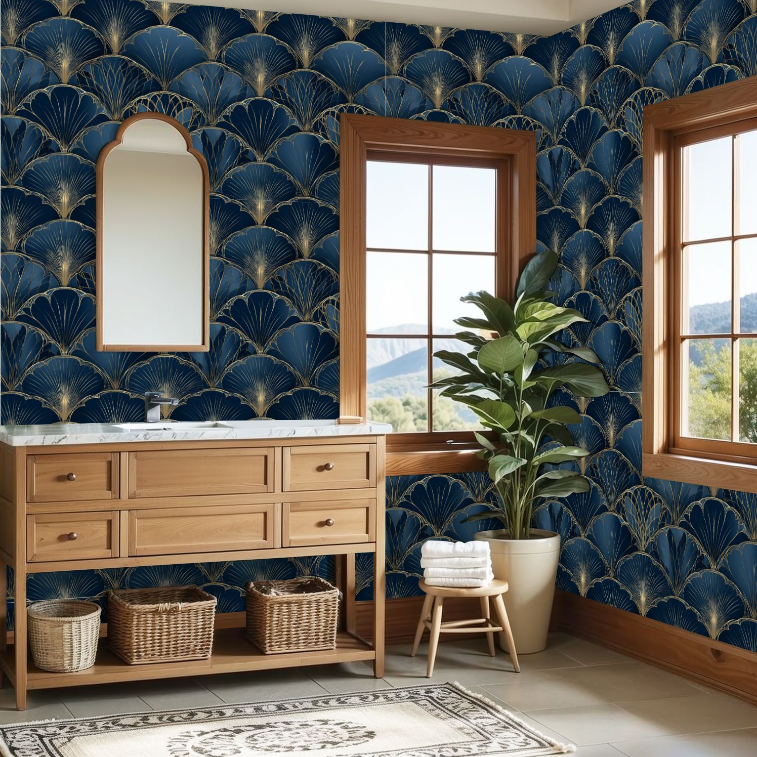 Vintage Peel and Stick Wallpaper Elegant Blue Gold Art Deco Fan Wall Mural 23.6in x 9.8ft Self Adhesive Removable Wall Paper Renter Friendly Wallpaper for Nursery Bedroom Cabinets