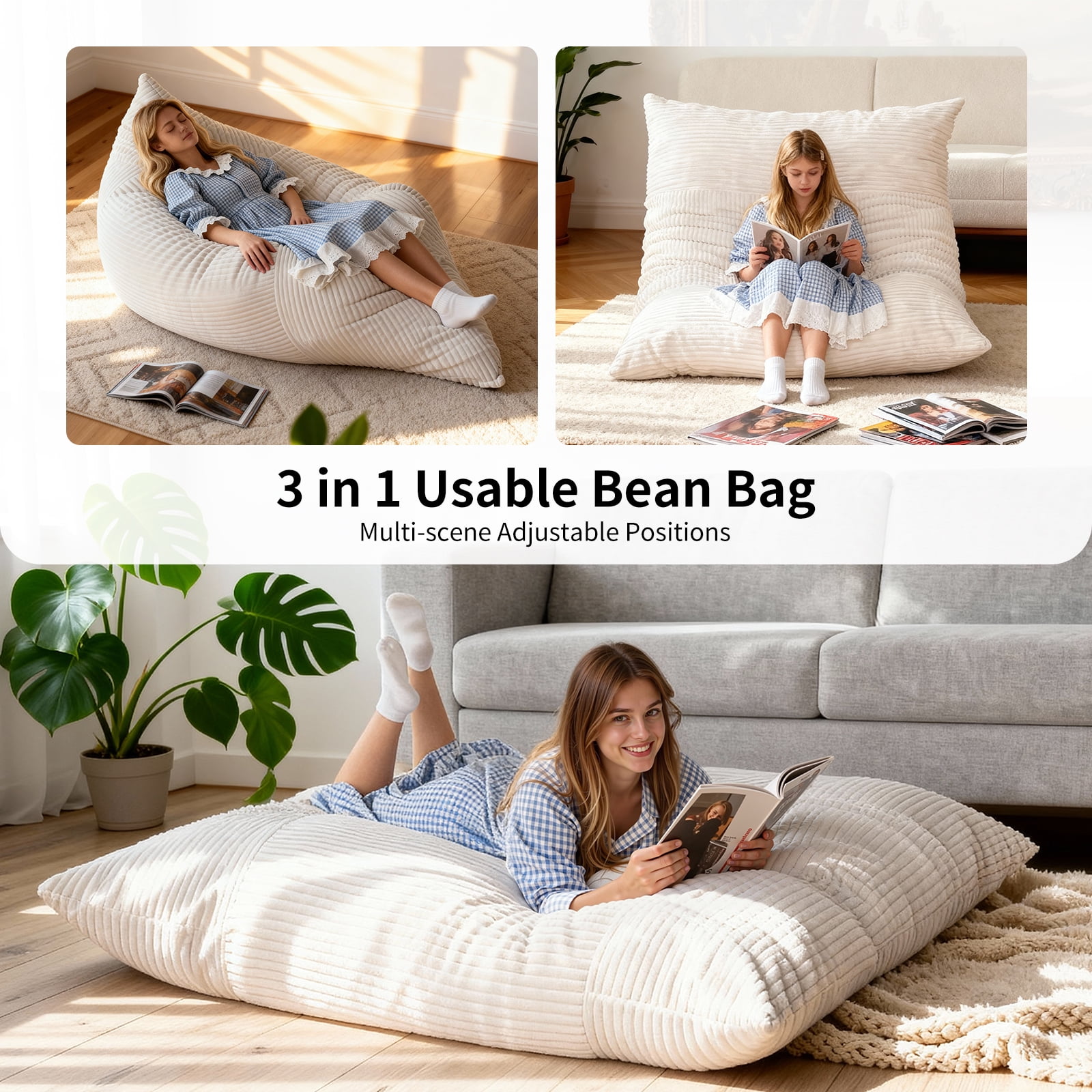 Nalone 4-in-1 Large Bean Bag Chair for Kids Adults - 6.4 FT Memory Foam Filled Convertible Lounger, Large Floor Sofa Bed with Removable Washable Cover for Bedroom, Living Room, Office (White)