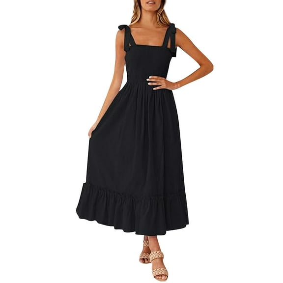 Mohiass Summer Dresses for Women 2024,Women's 2024 Summer Boho Spaghetti Strap Square Neck Solid Color Ruffle A Line Beach Long Maxi Dress Black M